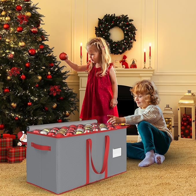 Christmas Ornament Storage Box with 8 Trays, Christmas Storage Container for 128-3'' Holiday Ornament Decorations, Large Xmas Organizer with Adjustable Dividers, Dual Zipper and Pocket (Grey)