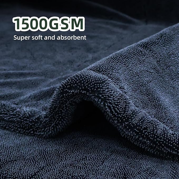 RYCELYSIAN 24" x 36" Twisted-Loop Car Drying Towel, 1500GSM Microfiber Cleaning Cloth for Car, Trucks, Motorcycles, Streak Free, Lint Free, Ultra Absorbent Washing Cloth for Kitchen, Window (Blue)