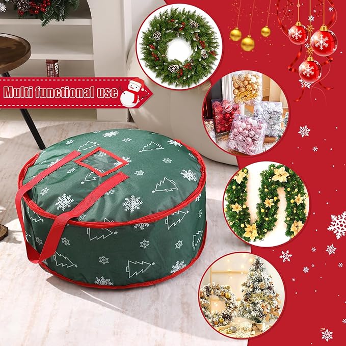 30 Inch Christmas Wreath Storage Bag, Wreath Storage Container with Carry Handles Zipper and Labeling Card Slot, Waterproof Garland Storage Container for Wreath Christmas Decoration, Green