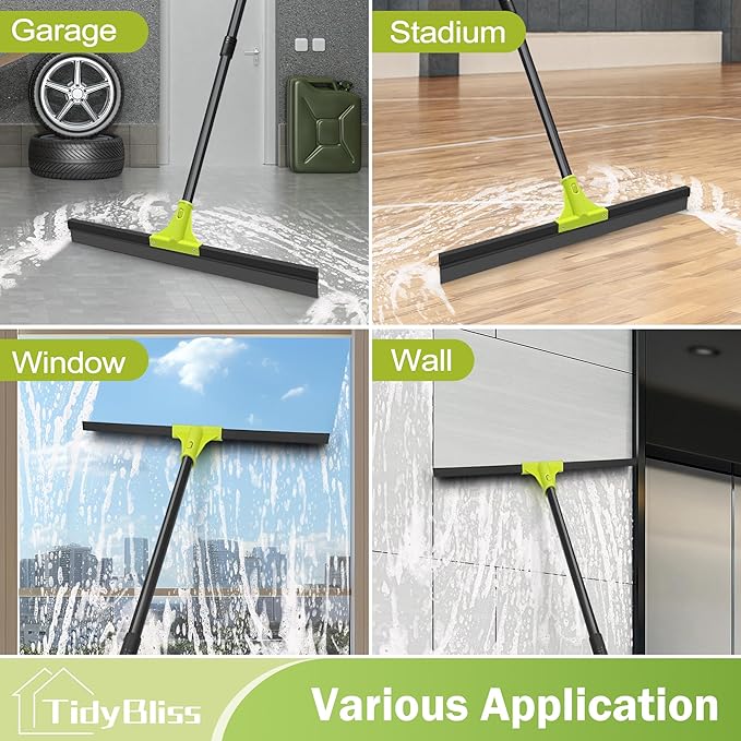 TidyBliss Floor Squeegee Heavy Duty, 24” Rubber Foam Water Scraper Broom, Epoxy Wiper Mop with 62 inches Long Handle for Cleaning Concrete Pool Rug Garage Deck Shower Window Outdoor Indoor (Green)