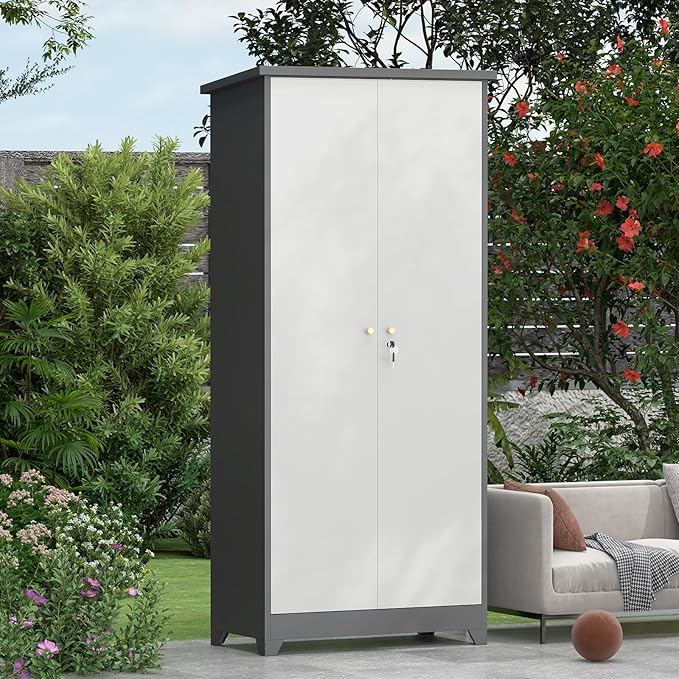 73''H Outdoor Metal Storage Cabinet, Garage Storage Cabinets with Shelves & Locking Doors, Broom Cabinets for Cleaning Supplies, Waterproof Storage Shed for Garden, Porch（15.4" D x 31.5" W ）