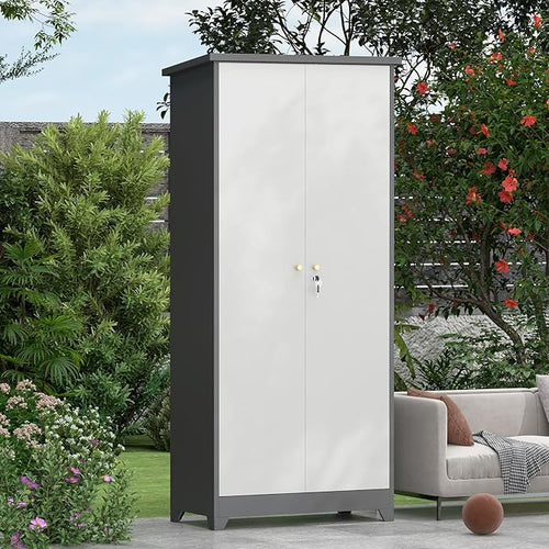 73''H Outdoor Metal Storage Cabinet, Garage Storage Cabinets with Shelves & Locking Doors, Broom Cabinets for Cleaning Supplies, Waterproof Storage Shed for Garden, Porch（15.4" D x 31.5" W ）