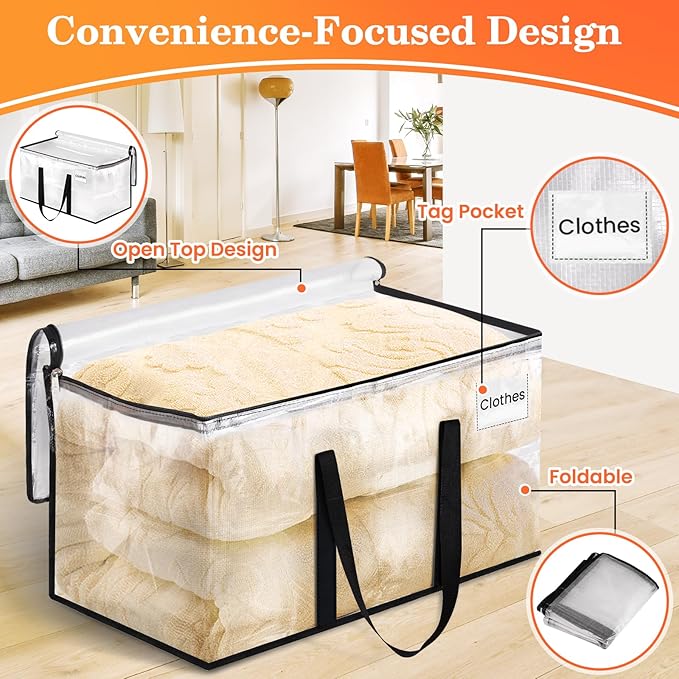 Extra Large Heavy Duty Moving Bags, Storage Bags with Strong Zippers & Handles, Packing Bags for Moving Essentials, Ideal Storage Tote for Home, Dorm & Storage Solutions, 93L-10 Packs, Clear