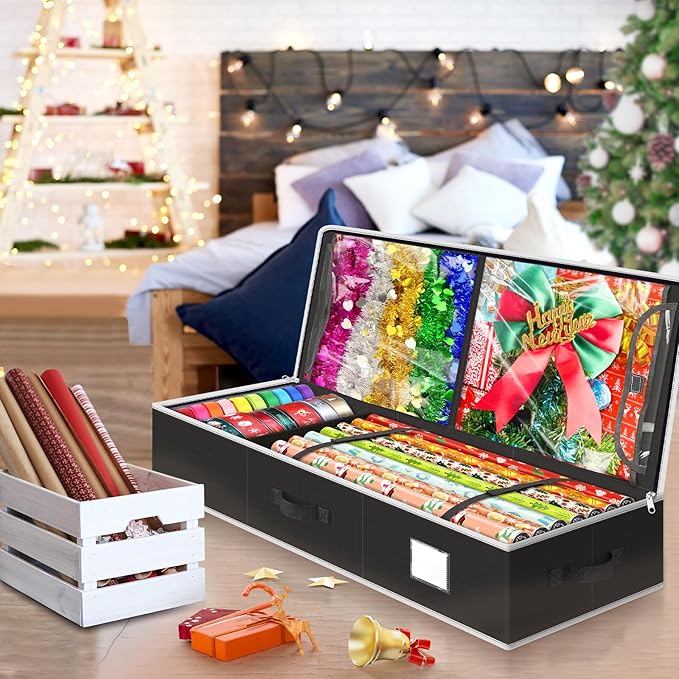 BlessedSeason Wrapping Paper Storage Organizer for 40 Inch Christmas Gifts Wrapping Paper, 2 Visible Supplies Pockets for Holiday Accessories, Christmas Decoration Storage Containers, Black