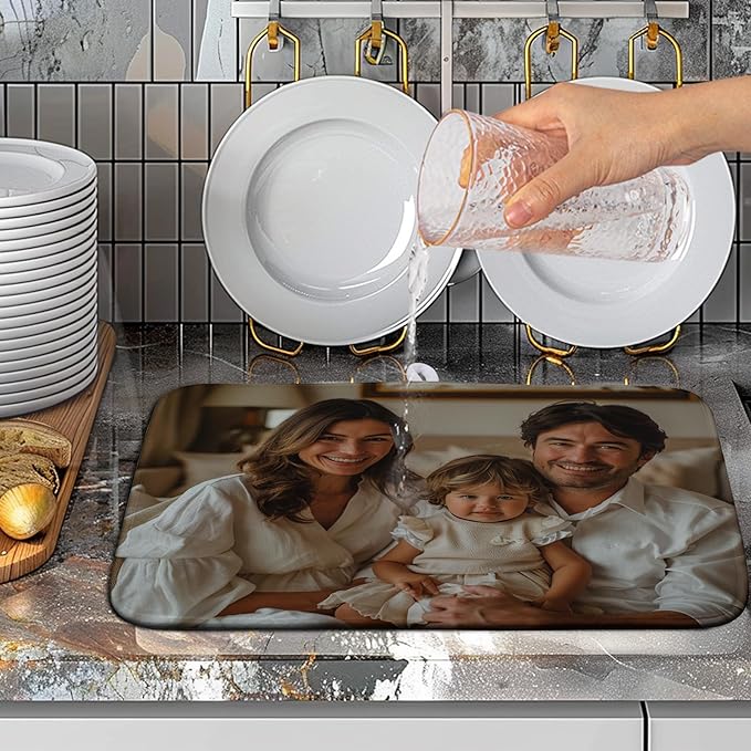 Wnoesat Custom Drying Mat with Picture Text Personalized Photo Dish Drying Mats for Kitchen Counter 16x18 Inch Customized Image Kitchen Accessories Microfiber Absorbent Dish Drying Pad