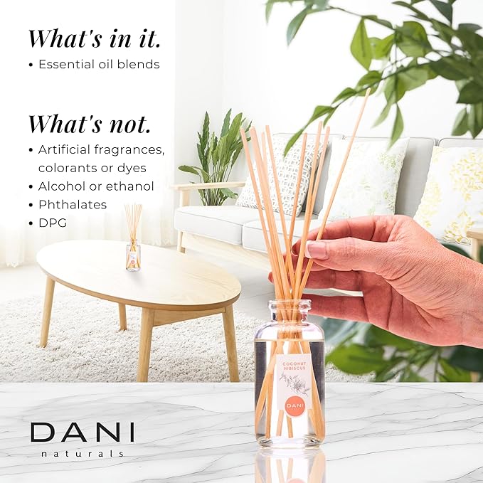 DANI Naturals Reed Diffuser Set - Tropical Coconut Hibiscus Scent - Aromatherapy Essential Oils - Alcohol-Free, Non-Toxic, Eco-Friendly - 10 Sticks - 3.5 oz