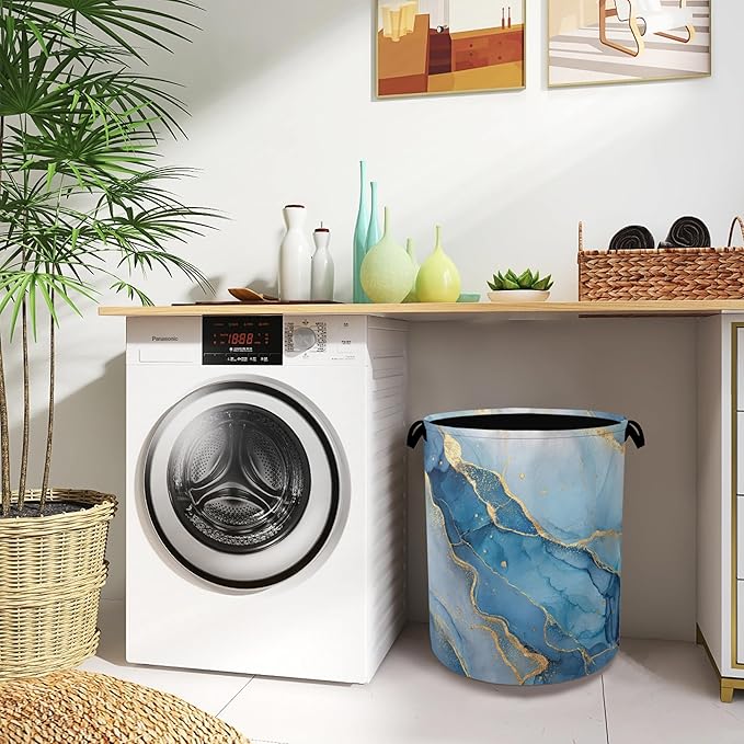 Blue Gold Marble Laundry Basket,Foldable with Handles Tote Bag Oxford Cloth for Bathroom Bedroom Dirty Clothes Storage Bucket 16" x 20.8"