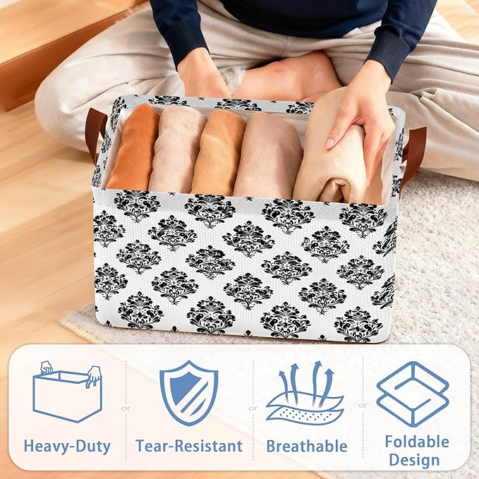 Vintage Damask Floral Storage Baskets,Foldable Large Capacity Organizer Bins with Waterproof Lining and Leather Handles for Closet,Shelf,Bedroom 17x11.5x10Inch