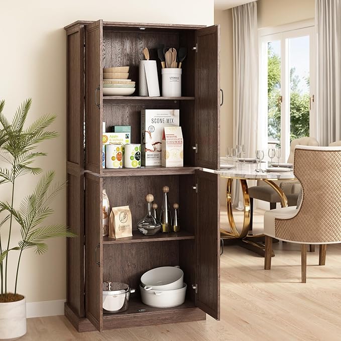 71'' Tall Pantry Cabinet Set of 2, Farmhouse Kitchen Pantry Storage Cabinet with Barn Door and Adjustable Shelves, Rustic Wood Freestanding Cupboard for Kitchen, Dining Room, Brown