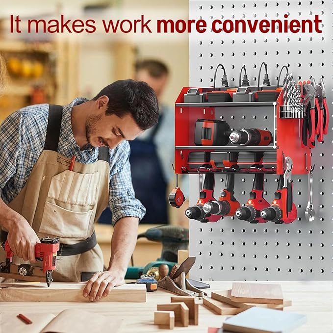 Power Tool Organizer Wall Mount with Charging Station, Heavy Duty 3 Layers Tool Storage Rack with 4 Cordless Drill Holder, Battery Holder with 8 Power Strip, Ideal for Garage, Warehouse, Workshop
