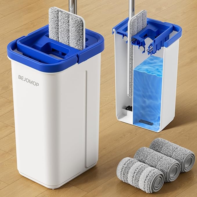 BEJOMOP Mop and Bucket Set with Wringer, Squeeze Wall Mop Cleaner with Long Handle, Flat Mop and Bucket System, Dry & Wet Dust Mops for Household Floor Cleaning with 3 Microfiber Mops, Slate Blue