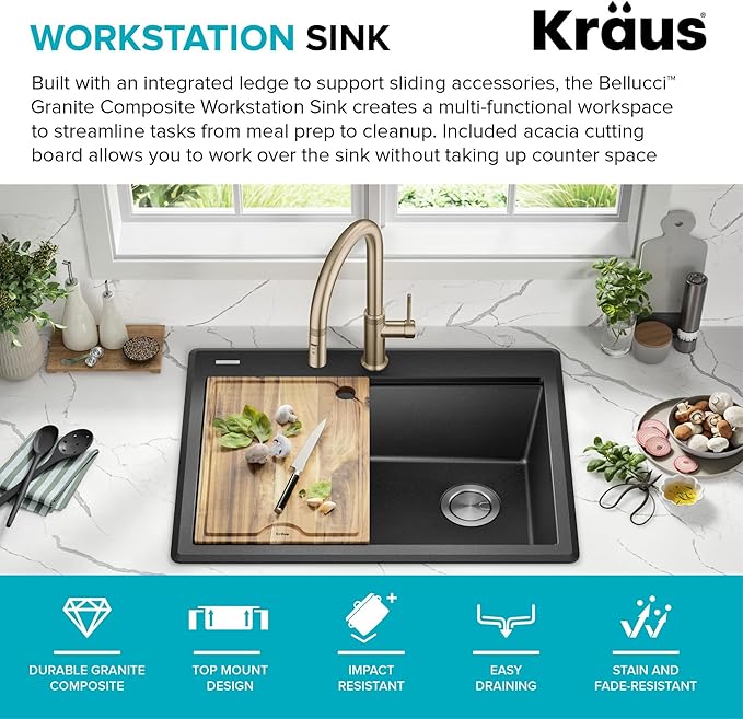 KRAUS Bellucci 28-inch Granite Workstation Drop In Top Mount Single Bowl Kitchen Sink in White with Accessories, KGTW12-28WH