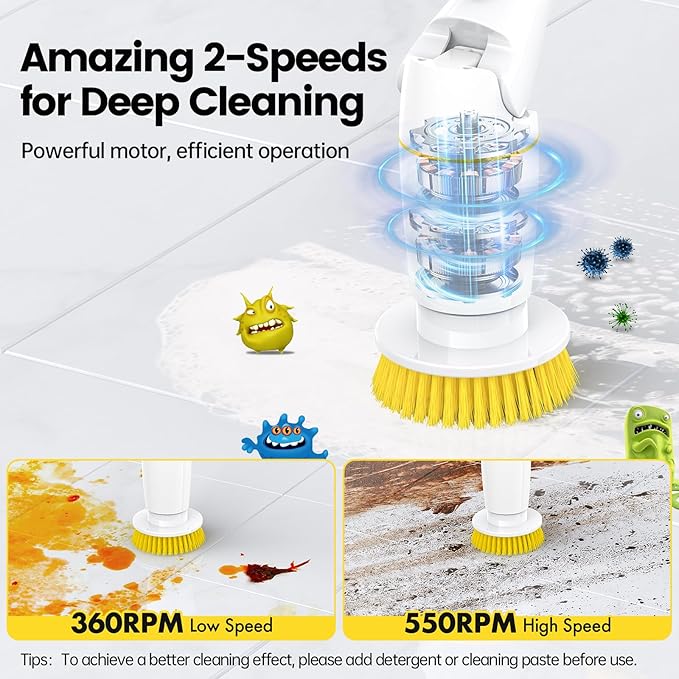 StarVal Electric Spin Scrubber, Cordless Cleaning Brush Shower Scrubber Up to 550 RPM with 9 Replaceable Brush Heads, Bathroom Scrubber Adjustable Extension Handle for Bathroom Kitchen Car (Yellow)