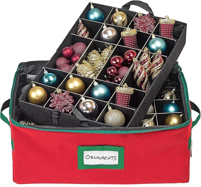 HOLDN’ STORAGE Christmas Ornament Storage Box with Dividers - Fits 72-3” Ornaments, 3 Removable Trays, Durable & Space-Saving, Clear Top Lid, Convenient Storage Designed, Red