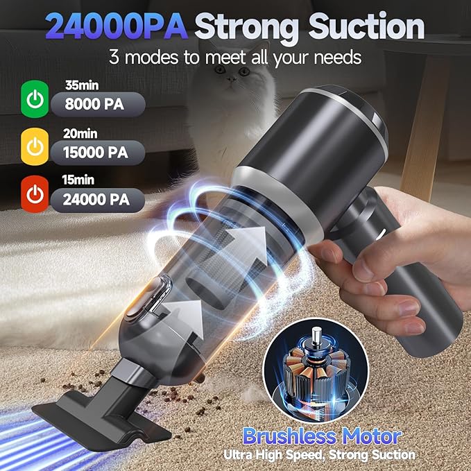 Ytnewin Car Vacuum Portable Cordless, Small Handheld Vacuum Cleaner with 24000PA High Power Suction, Mini Vacuum Cordless Rechargeable with One-Touch Empty, 10-in-1 Hand Vac for Car Home Office Dust