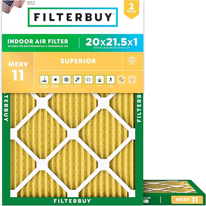 Filterbuy 20x21.5x1 Air Filter MERV 11 Superior Pet & Allergy Defense (2-Pack), Electrostatic Pleated HVAC AC Furnace Filters Replacement, Made in USA (Actual Size: 19.88 x 21.50 x 0.75)