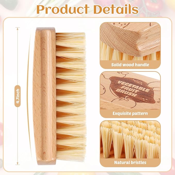 Vegetable and Fruit Cleaning Brush Scrubber Beechwood Handle Fruits Veggie Wash Brushes Potato Carrot Cucumber Mushrooms Washing Cleaner(Beige, 2)
