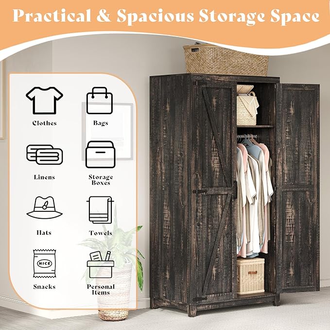 AMERLIFE Farmhouse Armoire Wardrobe Closet with 2 Barn Doors, 71'' Storage Cabinet with Hanging Rod & Shelf, Versatile Clothing Storage for Bedroom, Black Oak