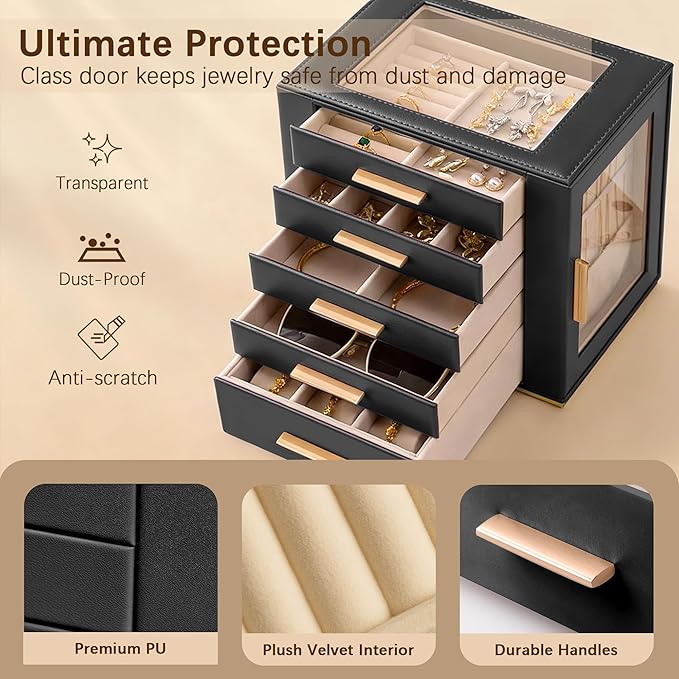 Homeanda Jewelry Box for Women with Glass Lid, 5 Drawers Jewelry Organizer and Storage for Necklaces, Rings, Earrings, Bracelets, Gift for Girls and Teens,PU Leather (Black)
