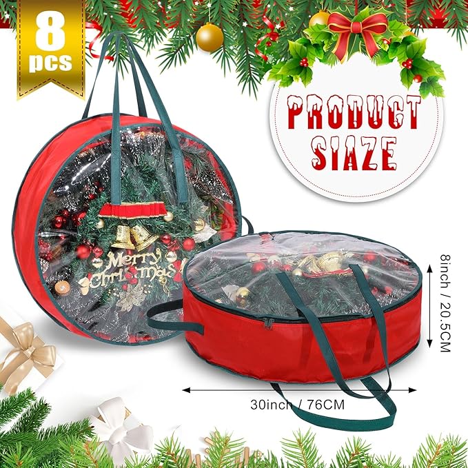 Shappy 8 Pcs Christmas Wreath Storage Bag Clear Wreath Box Wreath Storage Containers with Clear Window and Handle Christmas Garland Storage Containers for Xmas Holiday Seasonal Storage (30 Inch)