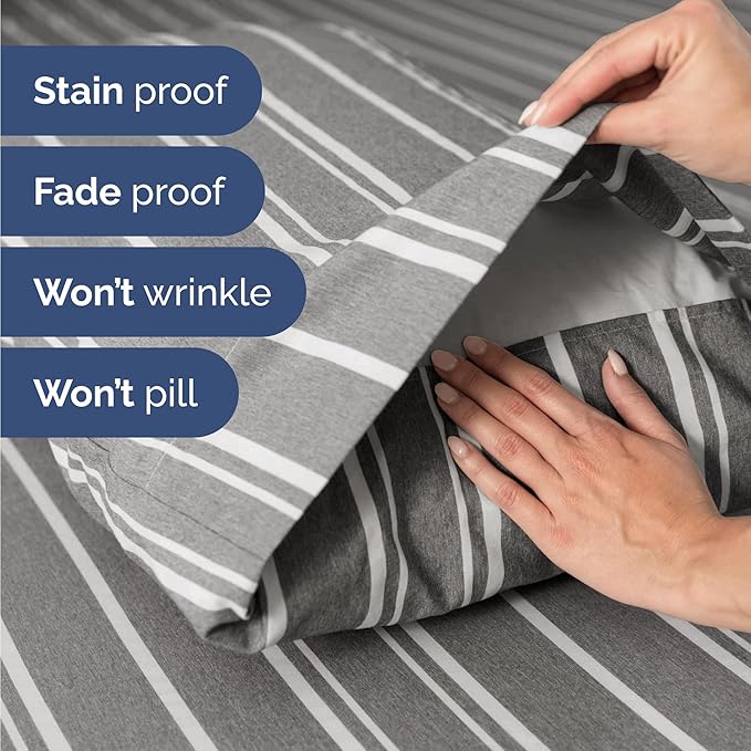 Twin 4 Piece Sheet Set - Comfy Breathable & Cooling - Soft Hotel Luxury Bedding Set with 8-16 Inch Deep Pockets - 1 Flat & 1 Fitted Sheet & 2 Pillowcases - Wrinkle Free & Easy Care - Grey Stripes 3