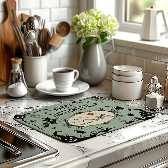 Wnoesat Happy Halloween Dish Drying Mat for Kitchen Counter 16x18 Skull Pumpkin Witch Spider Web Bat Ghost Drying Mats Green Black Absorbent Microfiber Dish Drainer Rack Pad for Coffee Bar