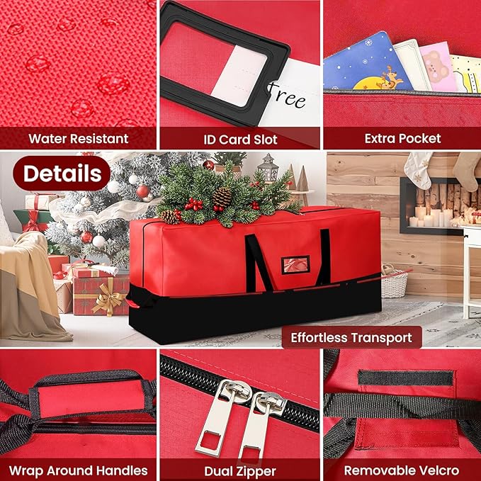 Heavy Duty Christmas Tree Storage Bag for Trees Up to 9ft – Waterproof, 600D Durable Zipper & Handles, Holiday Storage Solution (Black&Red)