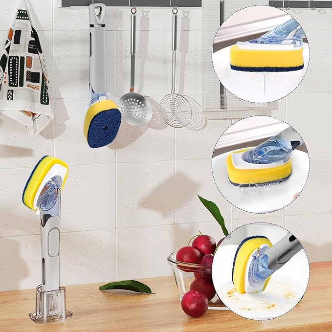 Dish Brush with Soap Dispenser Storage Set with 2 PCS Sponge Refills & Holder, Soap Dispensing Dish Brushes, Sponge with Soap Dispenser Handle, Dish Sponges with Handle for Dishes Pans Pots Sink(Gray)