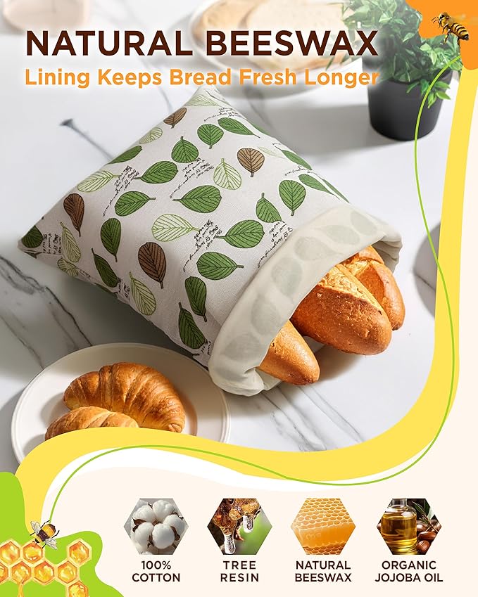 Beeswax Bread Bag for Homemade Sourdough, Sourdough Bread Bags with Zipper, 2 Pack Cotton Large Airtight Food Storage Bags to Keep Fresh | Breathable Material, Freezer Safe, Reusable, Extra-large