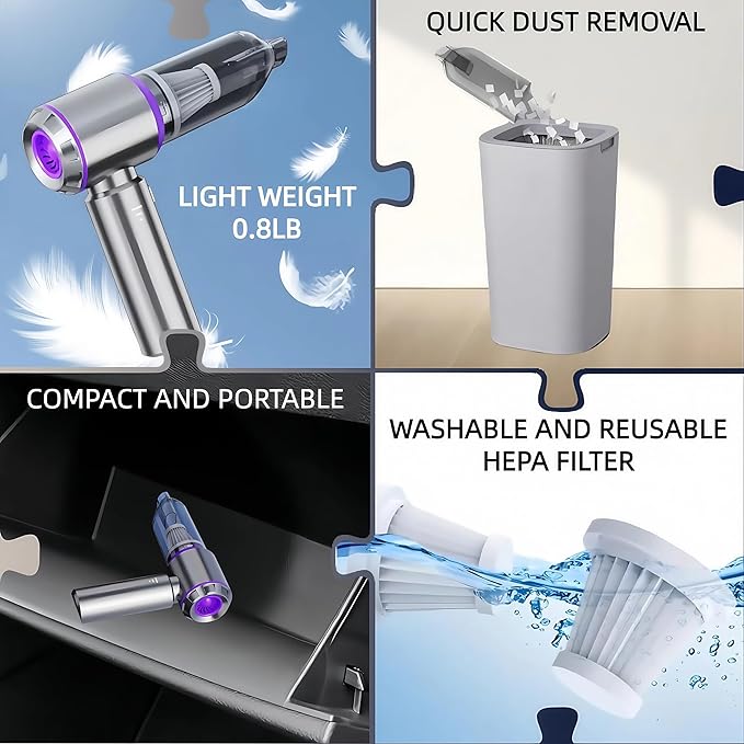 LYCVVVGS Handheld Car Vacuum Cleaner, 21000PA Rechargeable High Power Cordless Mini Vacuum Cleaner and Blower 4-in-1 with 3 Gear, Vacuum with Brushless Motor for Car, Home, Office, PC