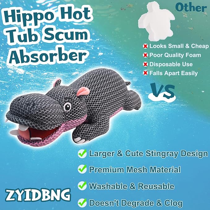 Hippo Hot Tub Scum Absorber Reusable Washable Scum Absorber for Spa Hot Tub Accessories Pool Oil Absorbing Sponge (2 Pack, Hippo)