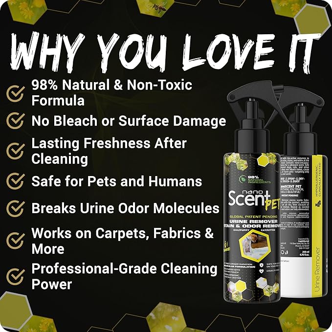 nanoSCENT PET Urine Remover for Dogs & Cats, Eliminates Odors & Stains, 98% Natural Ingredients, Safe for Pets & Home, Bio-Active Enzymes + Long-Lasting Fresh Scent, Carpet, Floors & Furniture (200mL)