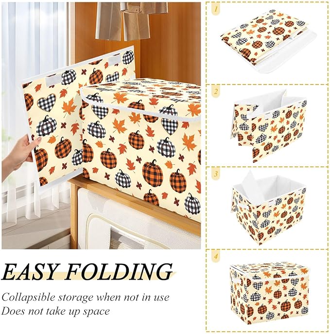 Bolaz Storage Bins with Lids and Handles,Pumpkin Maple Leaf Pattern Storage Box Basket with Cover Collapsible Organizer Containers for Home Closet, Shelves