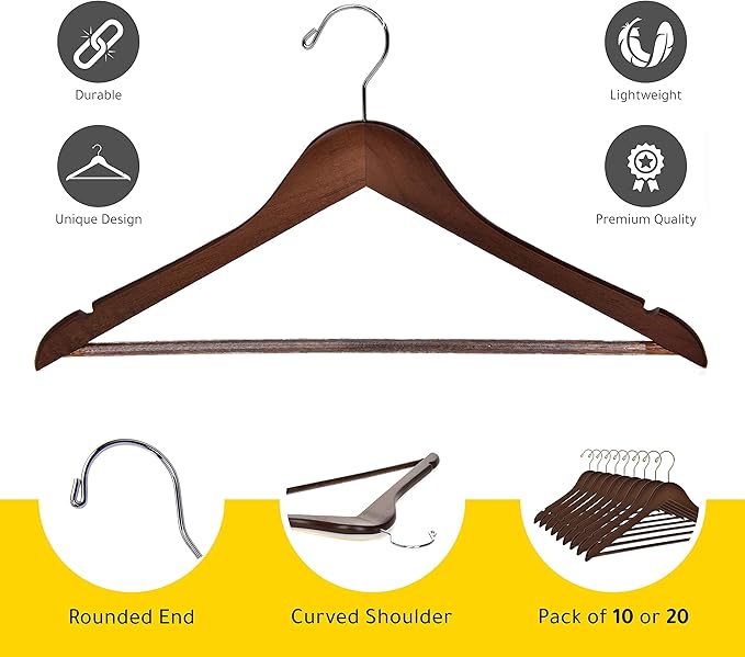 Quality Wooden Hangers - Slightly Curved Hanger 20 Pack Sets - Solid Wood Coat Hangers with Stylish Chrome Hooks - Heavy-Duty Clothes, Jacket, Shirt, Pants, Suit Hangers (Walnut/Retro, 20)