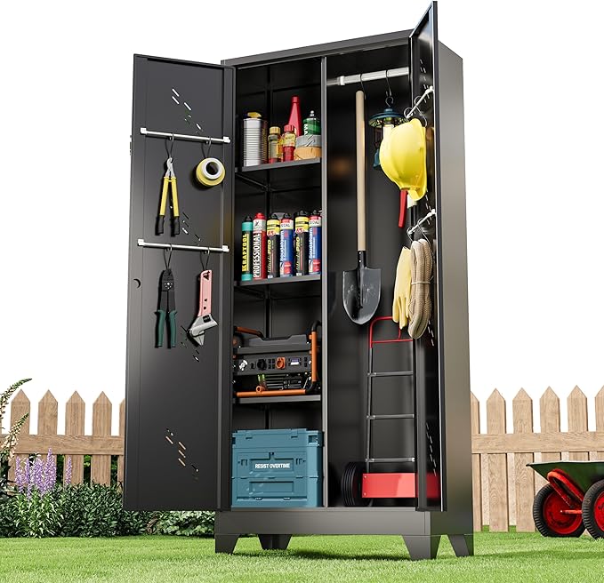 Metal Storage Cabinet 71" H, Garege Storage with Stainless Steel Bottom, Black Cleaning Supplies Organization Cabinet with Lockable Doors and Hanging Rod for Outdoor, Home Office