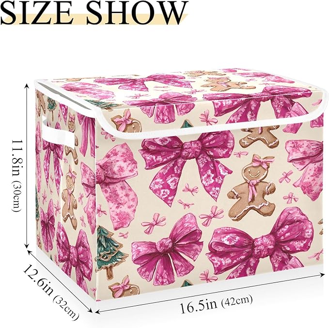 Bolaz Storage Bins with Lids and Handles,Cookie Bow Christmas Tree Pattern Storage Box Basket with Cover Collapsible Organizer Containers for Home Closet, Shelves