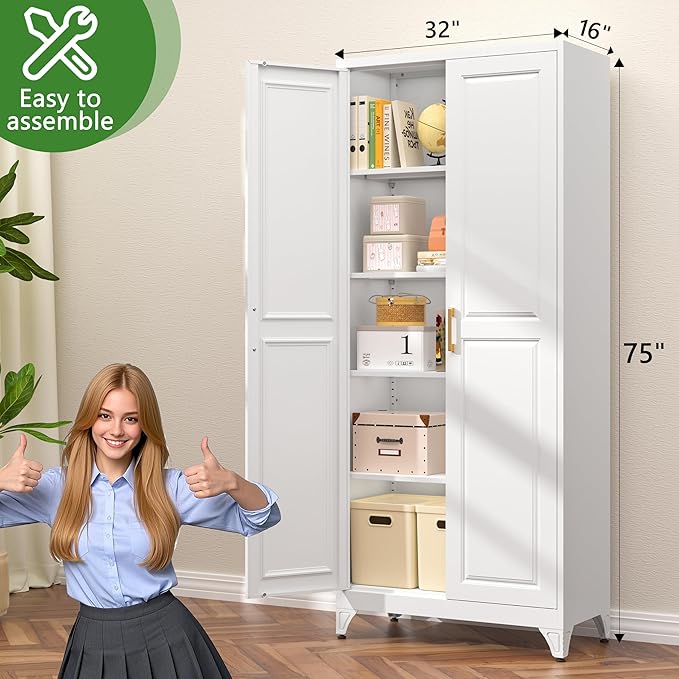 75” Metal Tall Kitchen Pantry Cabinet,Metal Storage Cabinet with Doors and Adjustable Shelves,Modern Kitchen Hutch Cabinets,Freestanding Cupboard for Dining Living Room