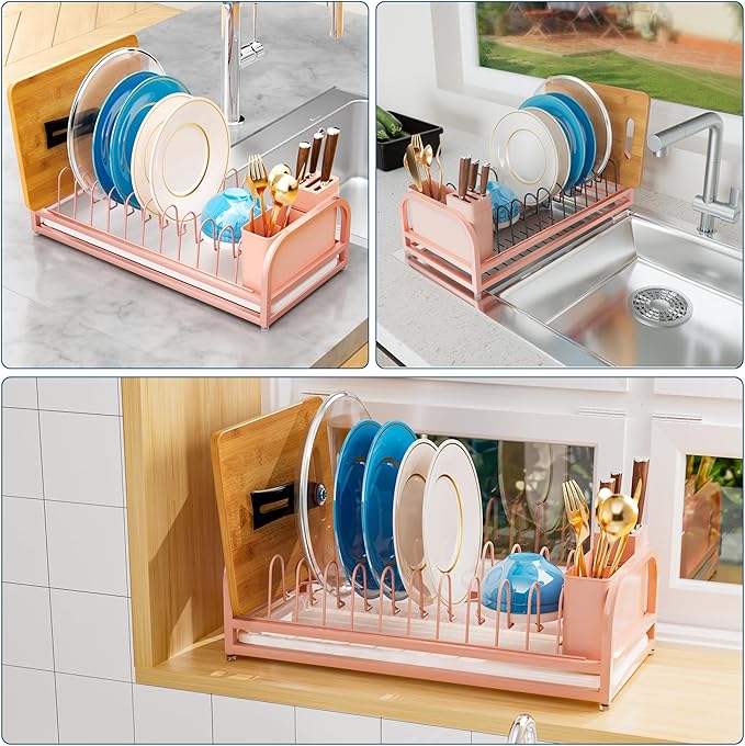 YEYPOP Pink Dish Rack - Small Dish Drying Rack for Limitied Kitchen Counter, Narrow Stainless Steel Dish Drainer w Tray, Cutlery Holder, Cute Kitchen Appliances Organizer for A Lovely You