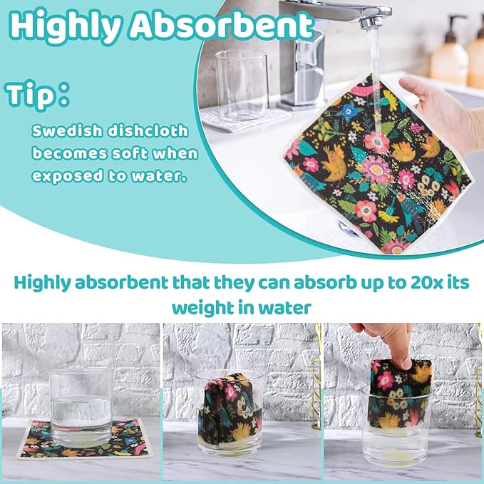 6 Pack Swedish Dishcloths for Kitchen, Swedish Rags Absorbent Retro Bird Dish Cloths Dish Towels with Adhesive Clips, Reusable Paper Towels No Odor for Cleaning Kitchen Valentines Gifts for Women