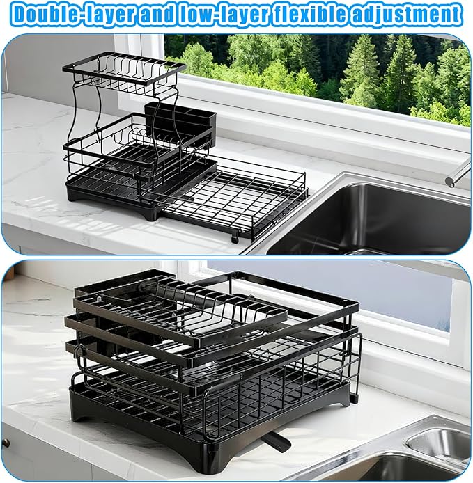 Suouezi Extendable 2 Tier Stainless Steel Dish Drying Rack | Large Over-The-Sink Rust-Resistant Rack | High Capacity with Utensil Holder | Efficient Kitchen Counter Organization & Space Saving