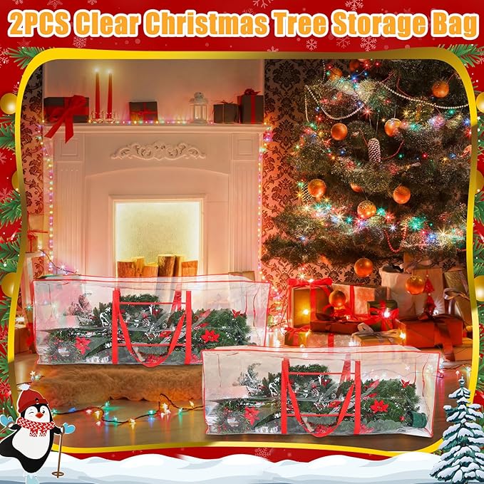 Sadnyy 2pcs Large Christmas Tree Storage Bag 9ft Plastic Waterproof Durable Heavy Duty Xmas Holiday Tree Containers Bag with Handles for Storing Santa Garland Holiday Ornament