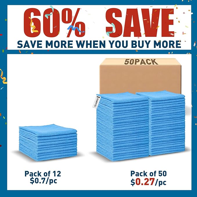 TEAWOO Microfiber Cleaning Cloths-50 Pack, Microfiber Towels Bulk, Towels for Cars & Home, Cleaning Rags Blue (12x12 inches)