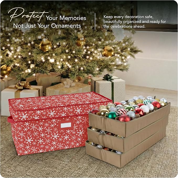 Covermates Keepsakes Adjustable Ornament Storage Box – Heavy-Duty Polyester, Padded Dividers & FlexGrid Trays – Protective Holiday Organizer with Stackable Walls & Label Window, Red Snowflake
