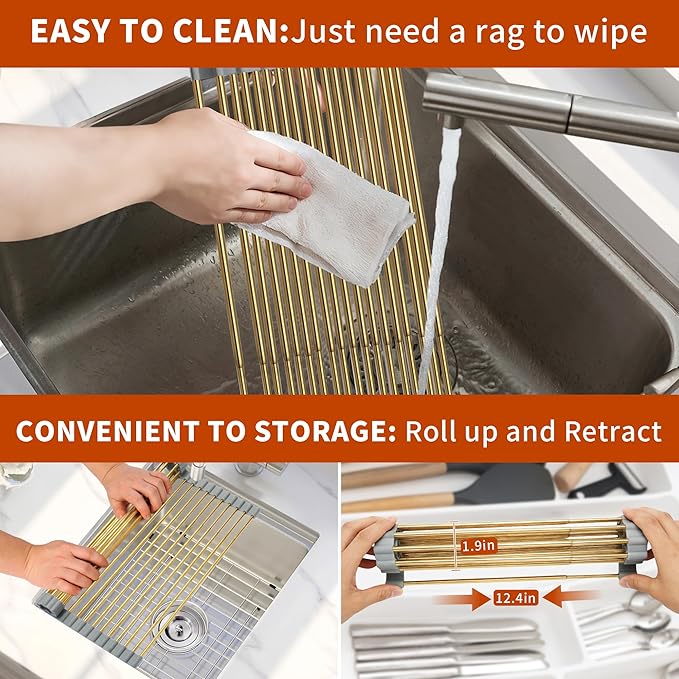 HAYAWEY Golden Expandable Roll-UP Dish Drying Rack-Large 304 Stainless Steel Dish Drainer Over The Sink for Kitchen Countertop,Extendable & Rollable & Food Grade (Gold,22.08'x 13.2')
