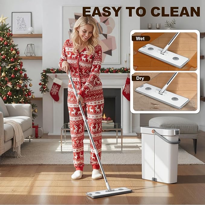 POPMOP Flat Mop and Bucket System - Mop and Bucket with Wringer Set for Home | Wet Dry Mop for Apartment, Tiny Home, Windows, Wall, Hardwood Floor, RV with 6 Reusable Microfiber Cloth