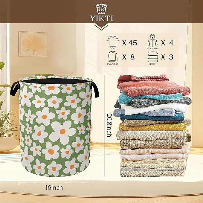70s Groovy Flower Laundry Hamper,Green Floral Collapsible Laundry Baskets,Waterproof Oxford Cloth Laundry Room Organization for Bedroom,Bathroom,Nursery,16x20 Inch