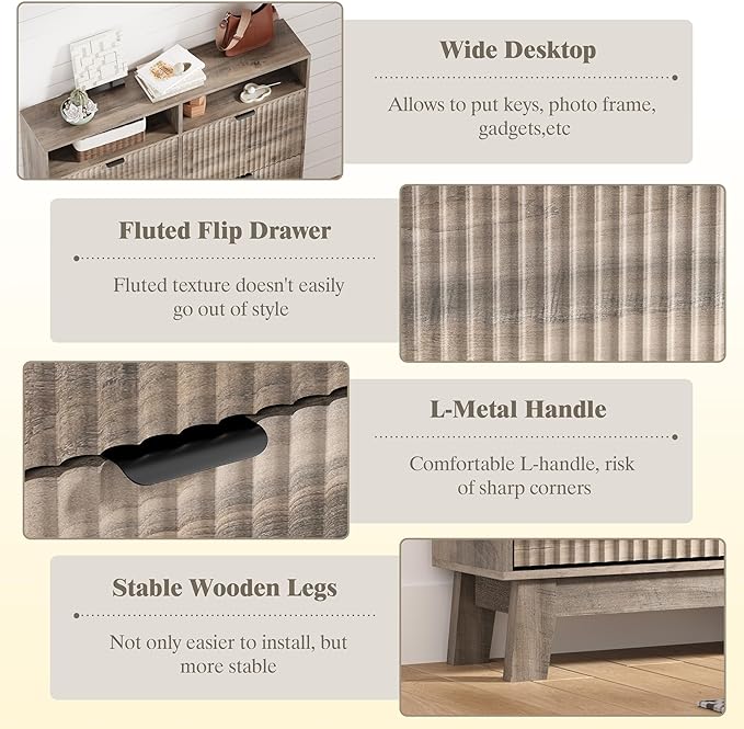 Shoe Cabinet Storage for Entryway with 4 Flip Drawers, Fluted Narrow Shoe Organizer with Wooden Legs & Top Cubby, Freestanding Slim Shoe Storage Hidden Shoe Rack for Front Door Entrance, Grey