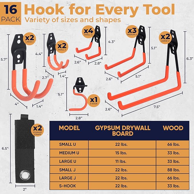 16 Pack Steel Heavy Duty Garage Hooks Storage Hooks with Anti-Slip Coating, Utility Garage Wall Mount Hanger and Organizer for Bikes, Ladder, Rope, Broom, Shovel and Garden Power Tools (16, Orange)