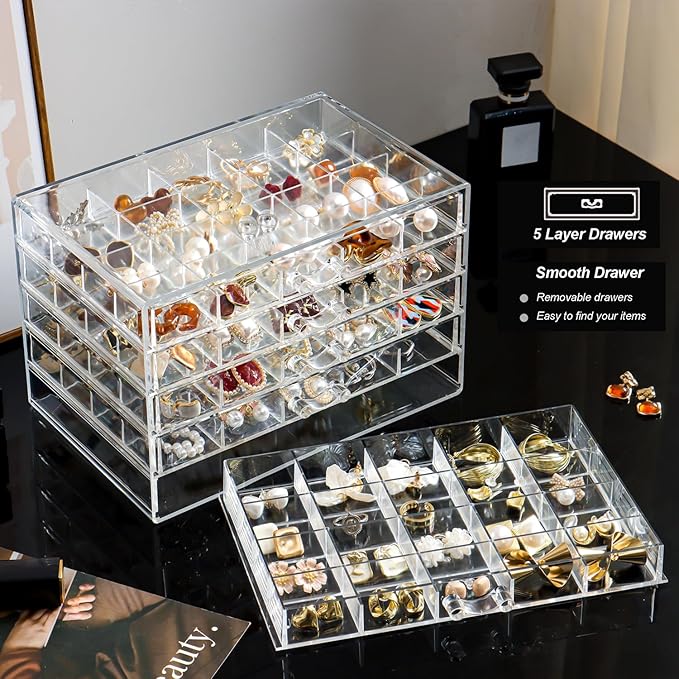 Earring Holder Organizer Acrylic Earring Storage Box for Girls Women Jewelry Organizer Display Case with 100 Small Compartment (Clear, 5 Drawers)