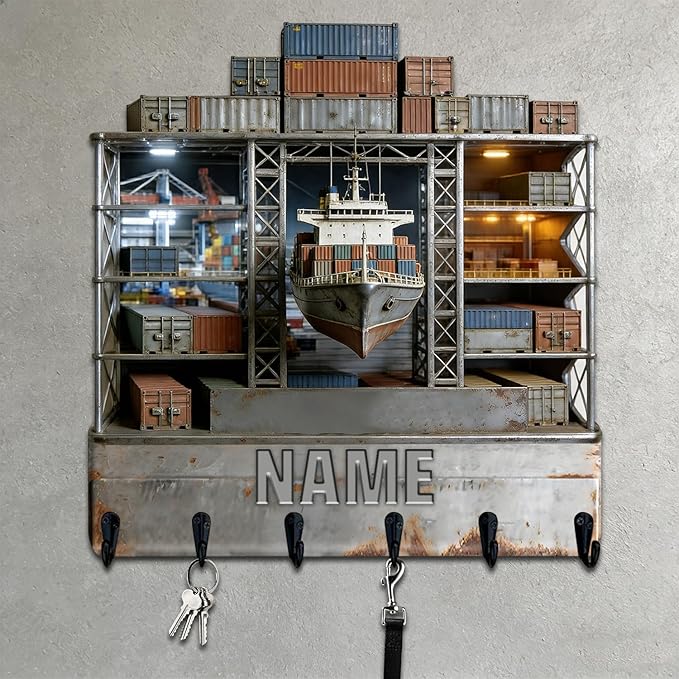 Personalized Wooden 2D Flat Print Container Ship Themed Wall Hooks for Living Room Hallway Office Custom Name Container Crane Coat Rack Port Transportation Key Storage Holder for Women Men Friends